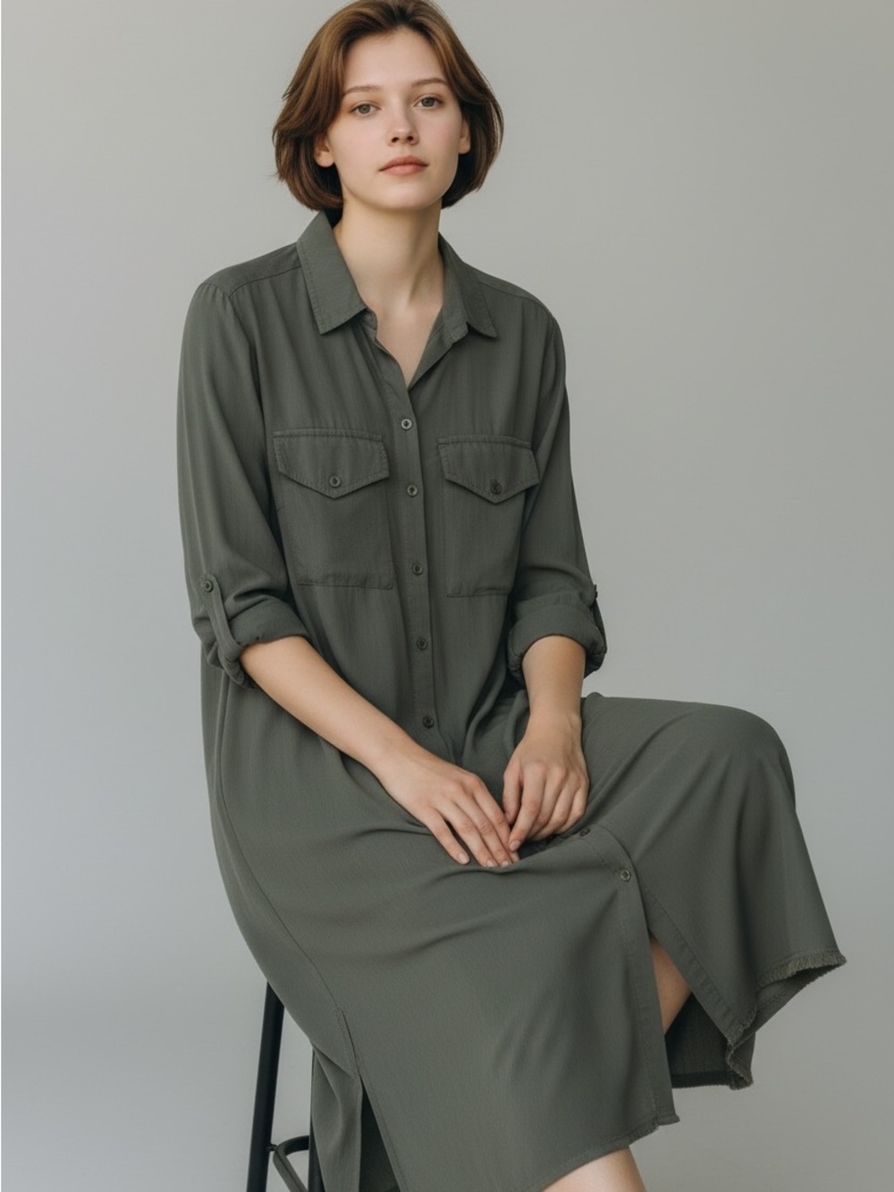 Velvet Heart Olive Green Button-Front Midi Shirt Dress